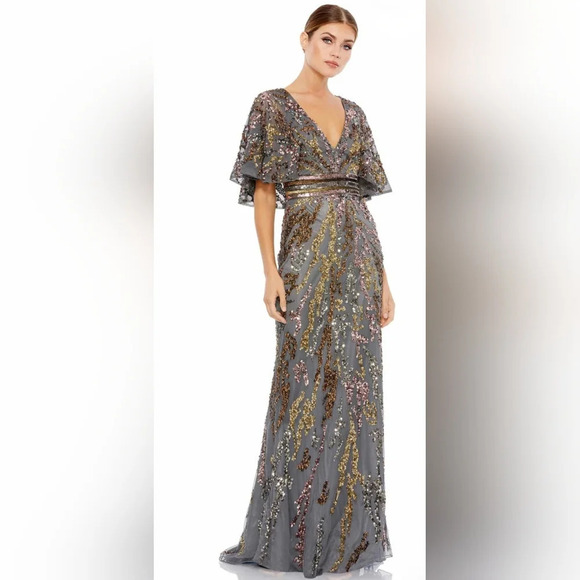 Mac Duggal Dresses & Skirts - Mac Duggal, Cape Sleeve Embellished Evening Gown,‎ Charcoal, Size 4, NWT